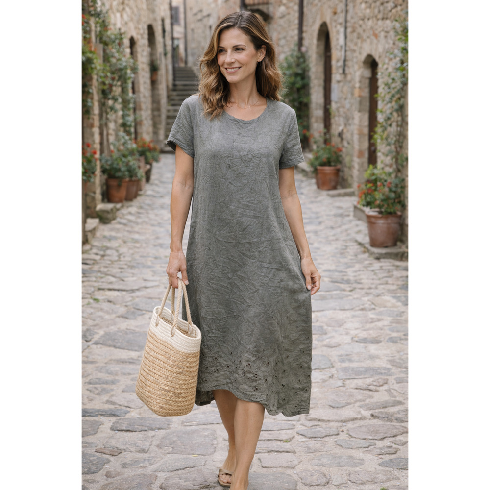 Rosemarine Linen Dress Gray Midi Dress Short Sleeve Embroidered Hem Size L